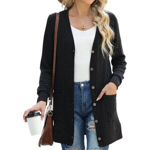 Grecerelle Women Black Open Front Button Down Ribbed Knit Lightweight Sweater